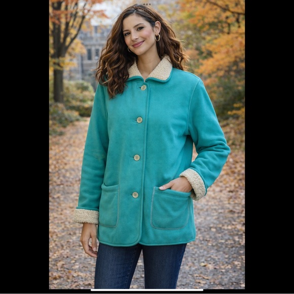 Denim & Co Turquoise Fleece Jacket Sherpa Collar Cozy Casual Button Front - Picture 1 of 16